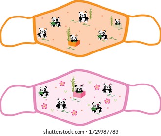 Cloth face mask pattern for kids. panda bear drawing vector. fabric mask illustration for girls. Protection Covid-19 mask. mask template for print