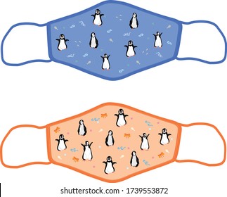 Cloth face mask pattern for kids. cute penguin animal drawing vector. fabric mask illustration for boys and girls. Protection Covid-19 mask. mask template for print