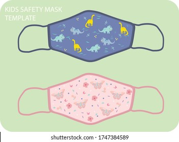 Cloth Face Mask Pattern For Kids. Cute Summer Animal Drawing Vector. Fabric Mask Illustration For Boys And Girls. Protection Covid-19 Mask. Mask Template For Print