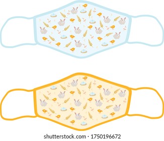Cloth face mask pattern for kids. cute summer animal drawing vector. fabric mask illustration for boys and girls. Protection Covid-19 mask. mask template for print