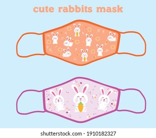 Patrón de máscara facial de tela para los niños. vector de dibujo de conejo lindo. ilustración de máscara de tela máscara máscara de protección máscara Covid-19. plantilla de máscara para imprimir