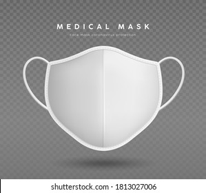 Cloth Face Mask White Color With White Mask Straps, Realistic Mock Up Template Design, On Transparent Grid Background, Eps 10 Vector Illustration