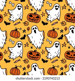 Cloth Ghost with pumpkin seamless pattern. Flying Phantoms. Halloween scary ghostly monsters. Cute cartoon spooky characters. Holiday Silhouettes. Horror Halloween hand drawn doodle background