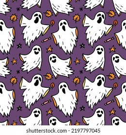 Cloth Ghost seamless pattern. Flying Phantoms. Halloween scary ghostly monsters. Cute cartoon spooky characters. Holiday Silhouettes. Horror Halloween hand drawn doodle background