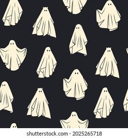 Cloth Ghosts. Flying Phantoms. Halloween scary ghostly monsters. Cute cartoon spooky characters. Holiday Silhouettes. Hand drawn trendy Vector seamless Pattern. Square background, wallpaper