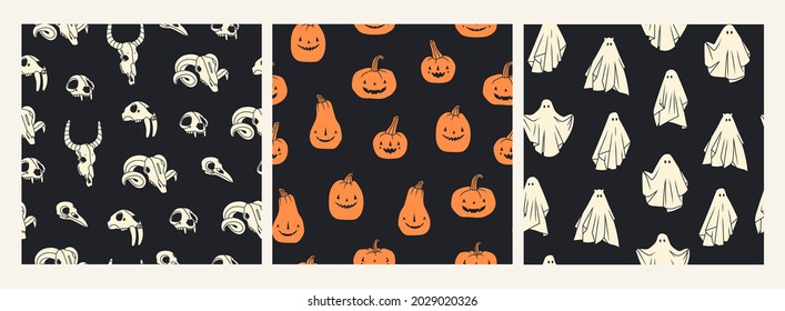 Cloth ghosts, orange Pumpkins, animal skulls. Halloween concept. Cute cartoon spooky characters. Holiday Silhouettes. Set of three Hand drawn trendy Vector seamless Patterns. Background, wallpaper