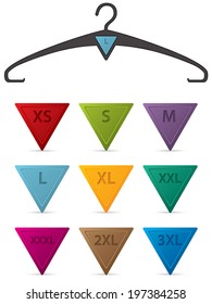 Cloth hanger design with interchangeable buttons showing sizes 