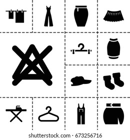 Cloth icon. set of 13 filled clothicons such as baby socks, ironing table, cloth hanging, no bleaching, hanger, jumpsuit, skirt