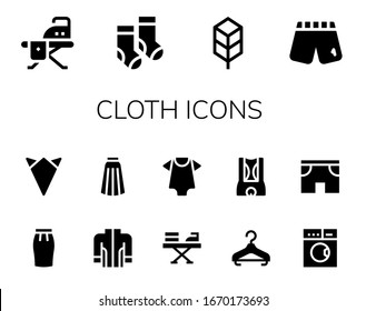 Cloth Icon Set. 14 Filled Cloth Icons. Included Ironing Board, Socks, Jungle Disk, Shorts, Skirt, Handkerchief, Jacket, Iron, Baby Clothes, Hanger, Laundry Icons