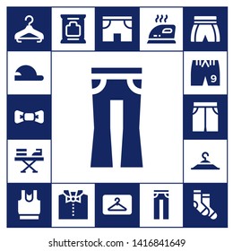 cloth icon set. 17 filled cloth icons.  Collection Of - Hanger, Baseball cap, Bow tie, Jeans, Iron, Shorts, Short, Clothing hanger, Clothes, Wipes, Socks