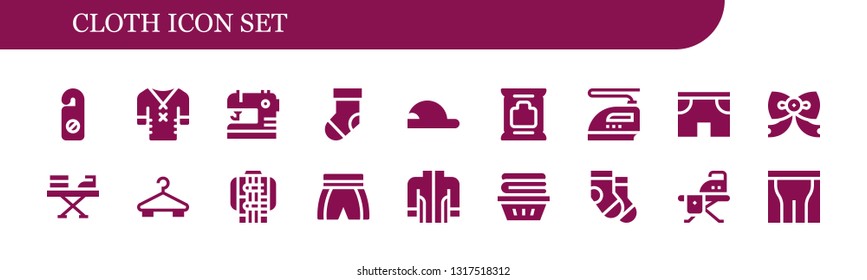 Cloth Icon Set. 18 Filled Cloth Icons.  Collection Of - Hanger, Clothes, Sewing, Sock, Baseball Cap, Wipes, Iron, Shorts, Bow Tie, Jacket, Socks, Ironing Board, Pants