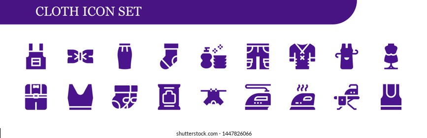 Cloth Icon Set. 18 Filled Cloth Icons.  Collection Of - Apron, Bow Tie, Skirt, Sock, Wash, Shorts, Clothes, Mannequin, Tank Top, Socks, Wipes, Iron, Ironing Board