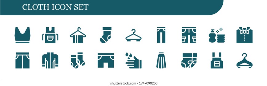 cloth icon set. 18 filled cloth icons. Included Tank top, Apron, Hanger, Sock, Jeans, Shorts, Wash, Bow tie, Short, Jacket, Socks, Skirt icons