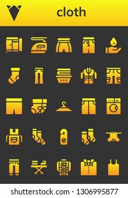 cloth icon set. 26 filled cloth icons.  Simple modern icons about  - Wardrobe, Handkerchief, Iron, Shorts, Pants, Wash, Sock, Jeans, Clothes, Jacket, Socks, Clothing hanger, Short
