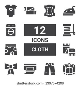 cloth icon set. Collection of 12 filled cloth icons included Jacket, Trousers, Wipes, Bow tie, Scarf, Short, Yarn, Iron, Washing, Baby clothes, Leather