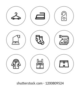 Cloth icon set. collection of 9 outline cloth icons with clothes, clothing, hanger, iron, jacket, shorts icons. editable icons.