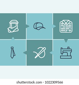 Cloth icon set and tie with cap, embroidery and plaid. Eyelet related cloth icon vector items for web UI logo design.