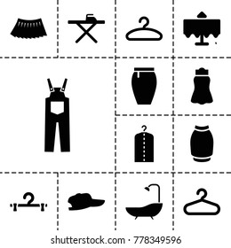 Cloth icons. set of 13 editable filled cloth icons such as restaurant table, hanger, ironing table, skirt, baseball cap, shower, clothes on hanger