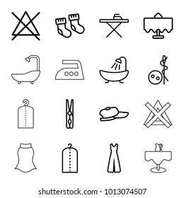 Cloth icons. set of 16 editable outline cloth icons such as restaurant table, baby socks, needle button, shower, cloth pin, ironing table, clothes on hanger, no bleaching