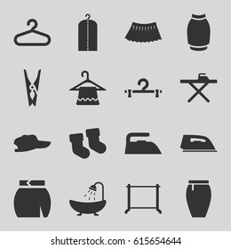 Cloth icons set. set of 16 cloth filled icons such as baby socks, hanger, shower, cloth pin, ironing table, iron, clothes on hanger, skirt