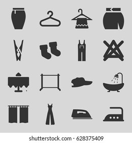 Cloth icons set. set of 16 cloth filled icons such as restaurant table, baby socks, shower, hanger, cloth pin, iron, no bleaching, jumpsuit, skirt, curtain