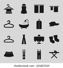 Cloth icons set. set of 16 cloth filled icons such as restaurant table, baby socks, hanger, shower, cloth pin, ironing table, jumpsuit, skirt, curtain