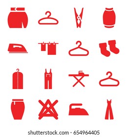 Cloth icons set. set of 16 cloth filled icons such as baby socks, hanger, cloth pin, ironing table, iron, no bleaching, jumpsuit