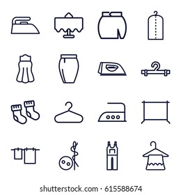 Cloth icons set. set of 16 cloth outline icons such as restaurant table, baby socks, needle button, hanger, iron, cloth hanging, clothes on hanger, jumpsuit