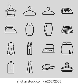 Cloth icons set. set of 16 cloth outline icons such as hanger, iron, clothes on hanger, jumpsuit, skirt