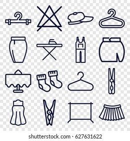 Cloth icons set. set of 16 cloth outline icons such as restaurant table, baby socks, hanger, cloth pin, ironing table, no bleaching, jumpsuit, skirt