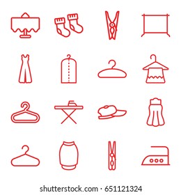 Cloth icons set. set of 16 cloth outline icons such as restaurant table, baby socks, hanger, cloth pin, ironing table, clothes on hanger, iron, jumpsuit, skirt