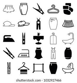 Cloth icons. set of 25 editable filled and outline cloth icons such as cloth pin, iron, hanger, skirt, shower, baseball cap, restaurant table, baby socks, jumpsuit