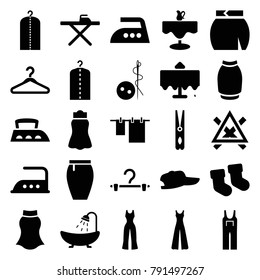 Cloth icons. set of 25 editable filled cloth icons such as restaurant table, baby socks, needle button, shower, cloth pin, ironing table, iron, jumpsuit, skirt, baseball cap