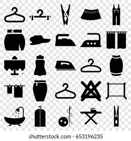 Cloth icons set. set of 25 cloth filled icons such as restaurant table, hanger, needle button, shower, cloth pin, ironing table, iron, no bleaching, jumpsuit, skirt, curtain