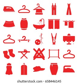 Cloth icons set. set of 25 cloth filled icons such as restaurant table, baby socks, hanger, needle button, shower, cloth pin, ironing table, iron, no bleaching, jumpsuit
