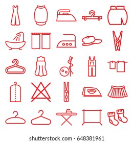 Cloth icons set. set of 25 cloth outline icons such as baby socks, hanger, needle button, shower, cloth pin, ironing table, iron, no bleaching, jumpsuit, skirt, curtain