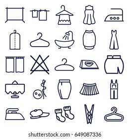 Cloth icons set. set of 25 cloth outline icons such as restaurant table, baby socks, hanger, needle button, shower, cloth pin, iron, no bleaching, jumpsuit, skirt, curtain