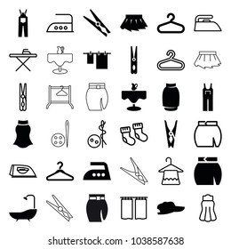 Cloth icons. set of 36 editable filled and outline cloth icons such as hanger, jumpsuit, skirt, baseball cap, baby socks, needle button, ironing table, iron, curtain