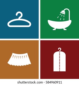cloth icons set. Set of 4 cloth filled icons such as shower, clothes on hanger, skirt