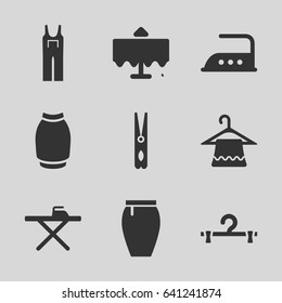 Cloth icons set. set of 9 cloth filled icons such as restaurant table, hanger, cloth pin, ironing table, iron, jumpsuit