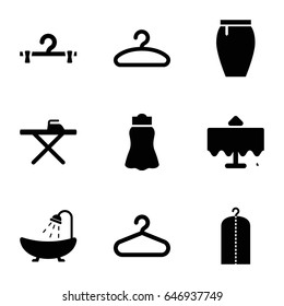 Cloth icons set. set of 9 cloth filled icons such as restaurant table, shower, ironing table, clothes on hanger, hanger