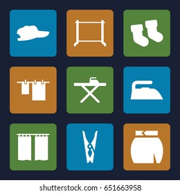 Cloth icons set. set of 9 cloth filled icons such as baby socks, ironing table, iron, hanger, skirt, curtain
