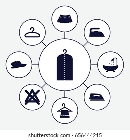 Cloth icons set. set of 9 cloth filled icons such as shower, hanger, iron, clothes on hanger, no bleaching, skirt