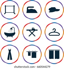 Cloth icons set. set of 9 cloth filled icons such as shower, ironing table, iron, cloth hanging, hanger, jumpsuit, curtain