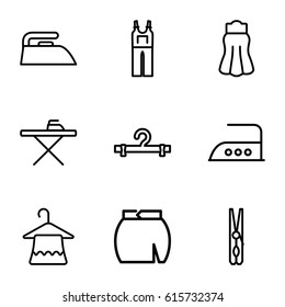 Cloth icons set. set of 9 cloth outline icons such as hanger, cloth pin, ironing table, iron, jumpsuit