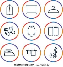 Cloth icons set. set of 9 cloth outline icons such as baby socks, needle button, iron, cloth hanging, clothes on hanger, hanger, skirt