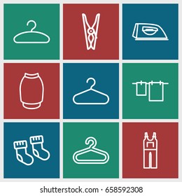 Cloth icons set. set of 9 cloth outline icons such as baby socks, hanger, iron, jumpsuit