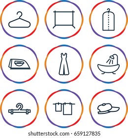 Cloth icons set. set of 9 cloth outline icons such as shower, iron, cloth hanging, clothes on hanger, hanger, jumpsuit