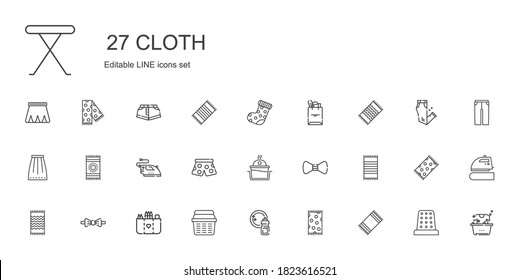 cloth icons set. Collection of cloth with beach towel, washing, laundry, pocket, bow tie, pants, iron, skirt, tote bag, sock, thimble, trousers. Editable and scalable cloth icons.