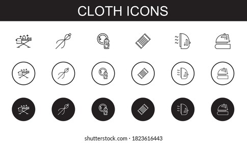 cloth icons set. Collection of cloth with ironing, sewing, washing, beach towel, iron. Editable and scalable cloth icons.